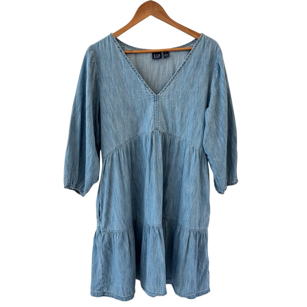GAP Chambray Tiered Mini Dress Womens Size L Blue V Neck Pockets Boho Festival